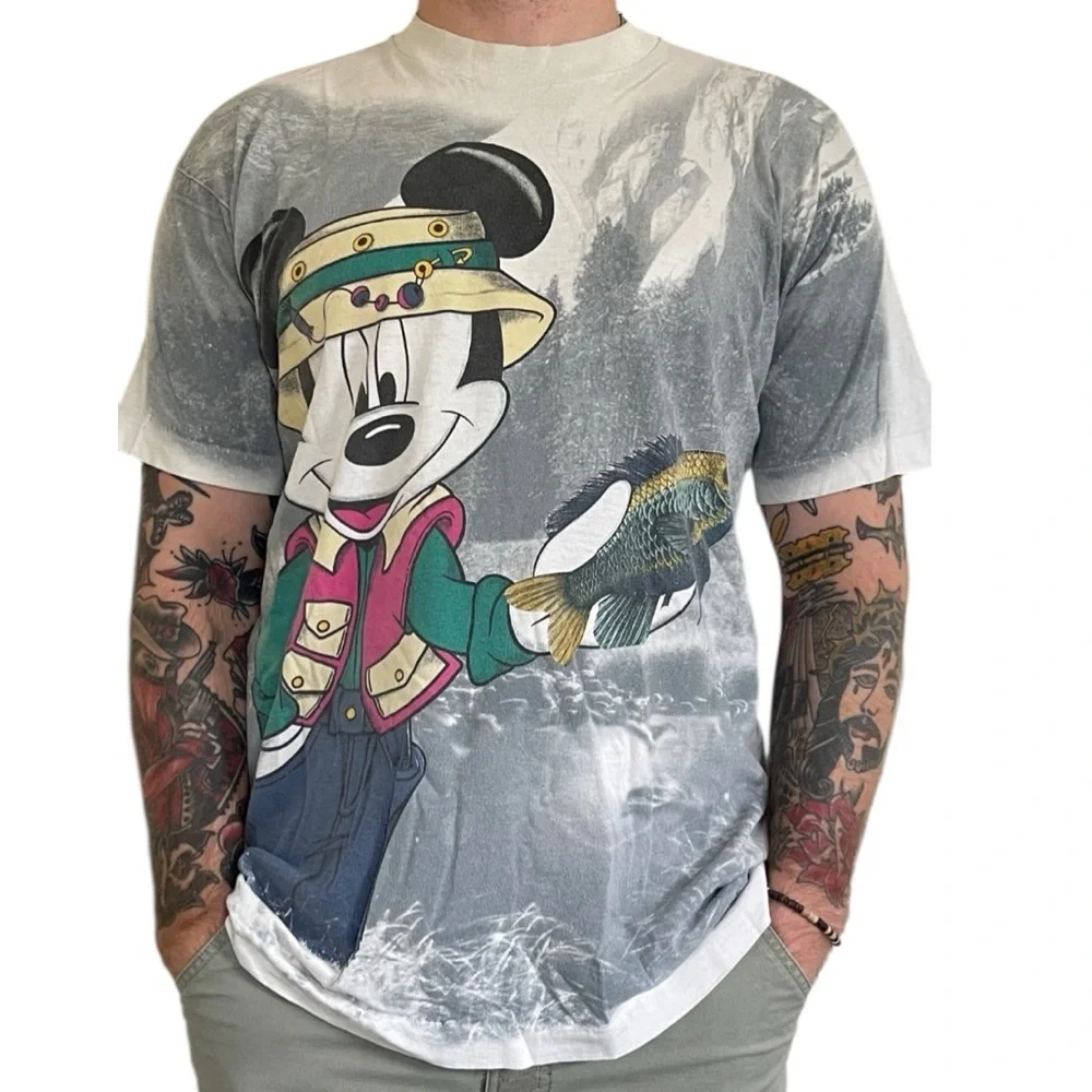 Vintage Single Stitch Mickey Mouse AOP Fish Fishing Tee Large Unisex